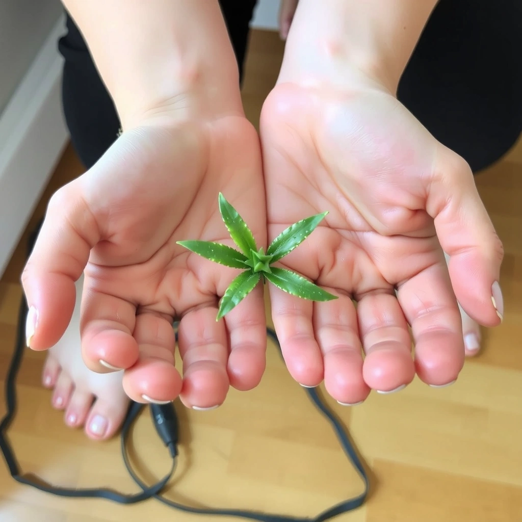 Mains tenant une petite plante verte, symbolisant la pleine conscience et la réduction du stress.