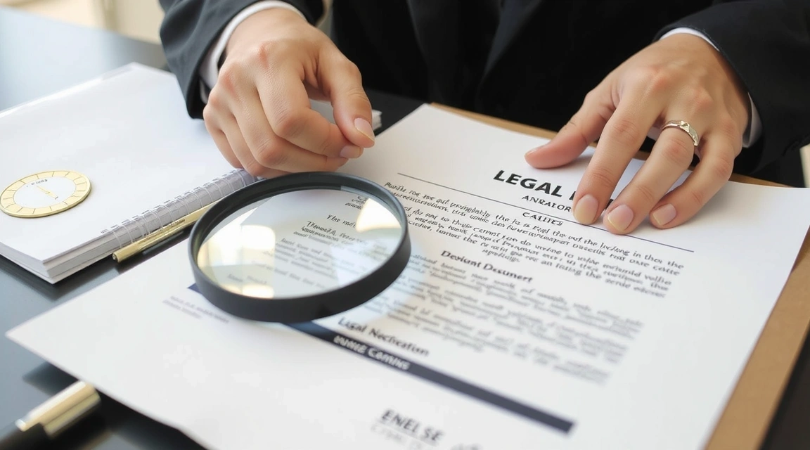 Illustration d'une personne lisant un document légal avec une loupe