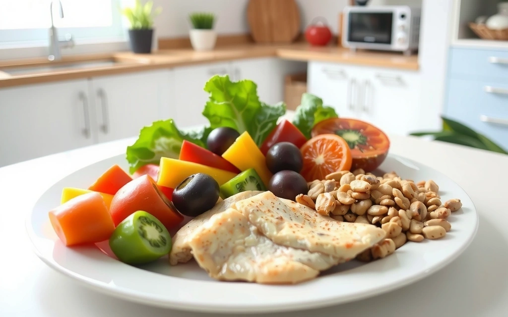 Une assiette colorée et équilibrée avec diverses sources de nutriments.